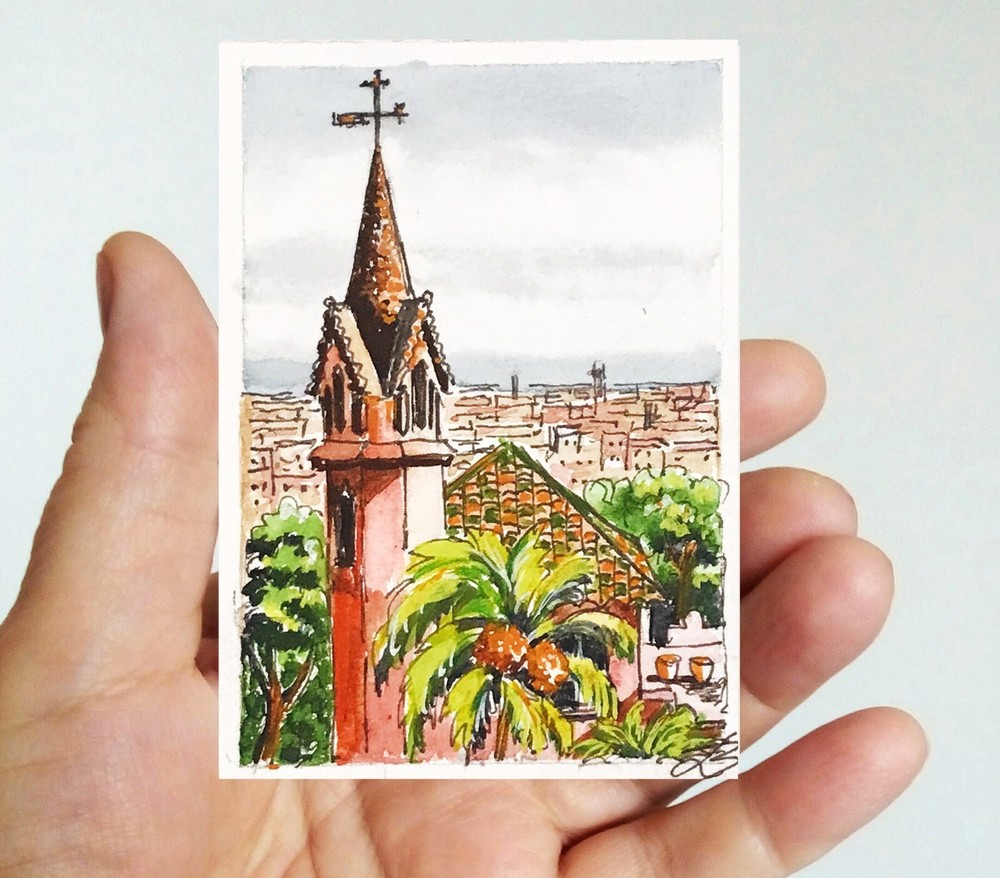 ACEO Original Art Barcelona Spanish Cityscape Gifts Small Artwork 3.5 by 2.5″