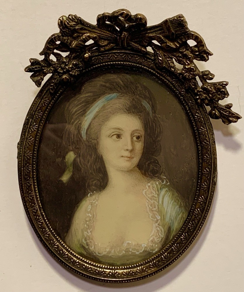 c1880 Antique Miniature Portrait 18thc Maiden Lady Hand Painted Fine Work