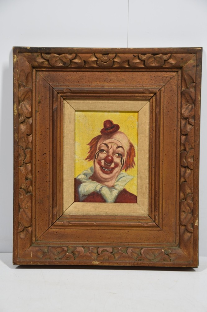 Vintage Original Oil Painting Sad Crying Clown Framed MCM Circus Art Signed