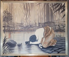 VTG Chinese Women Washing, Bamboo Oil On Canvas Framed Painting Signed 38″ x 46″