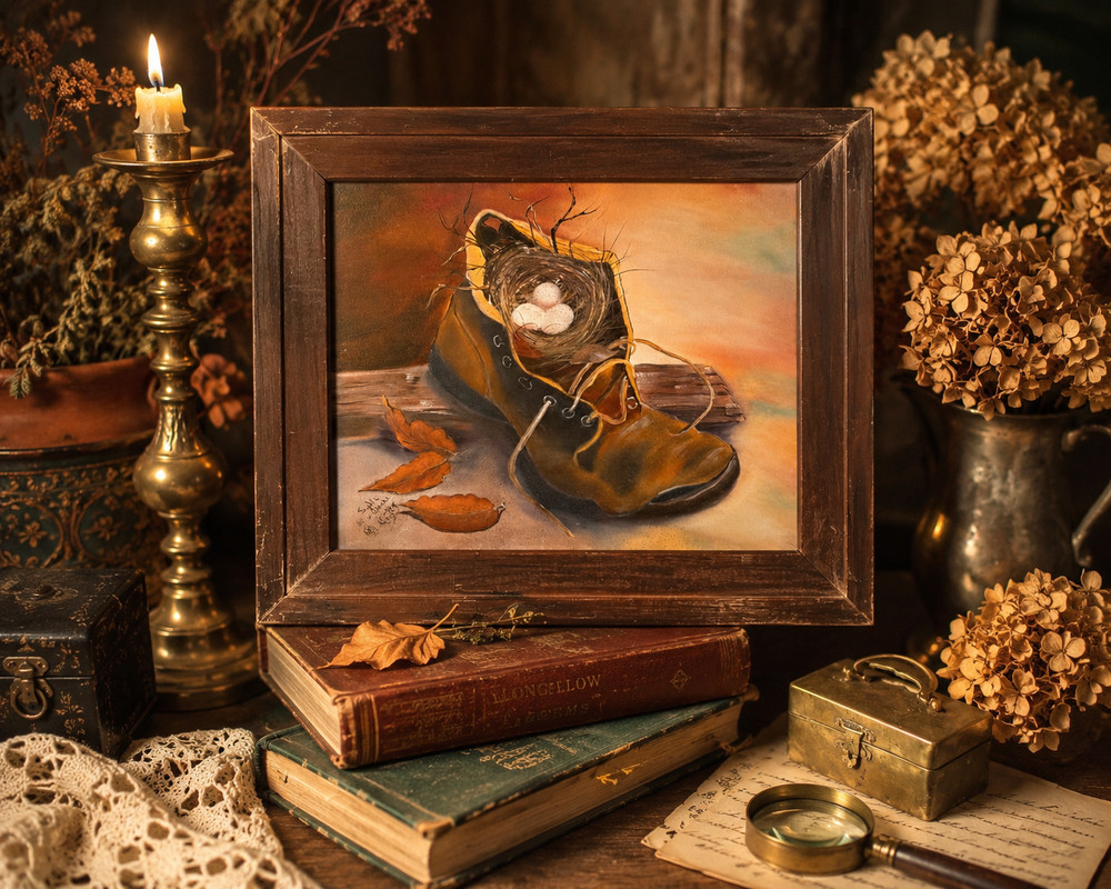 Vintage 1989 Silvia Bern Signed Painting Boot Bird Nest Eggs Wood Frame Cottagec