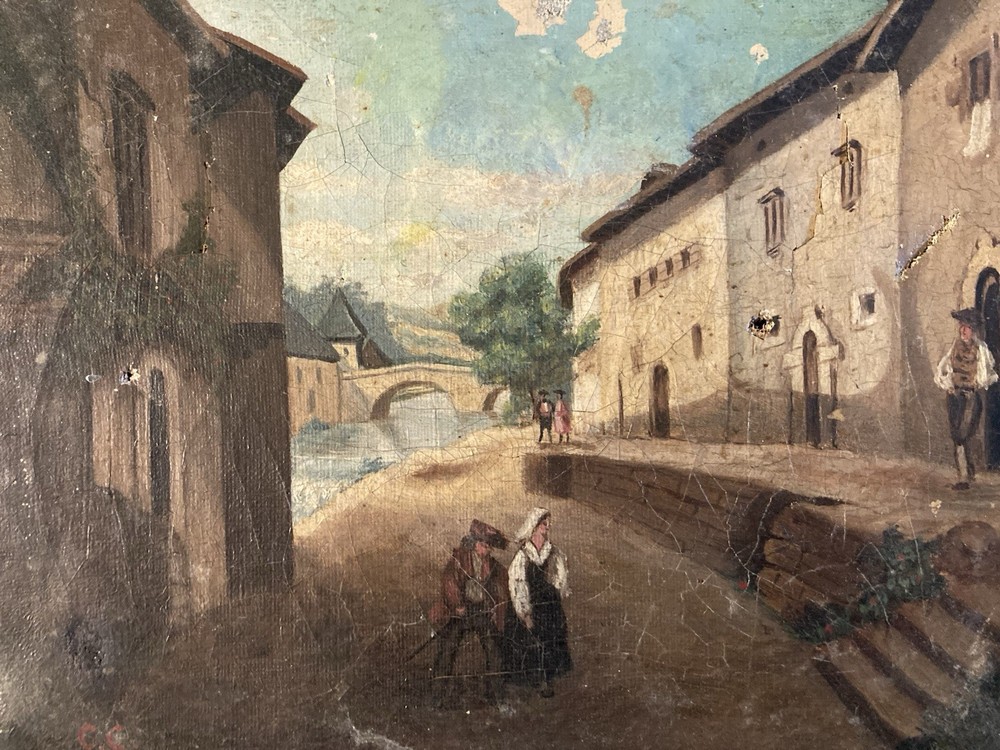 Painting Oil on Canvas Village Xixth 1850 Mountain Antique Painting Romantic