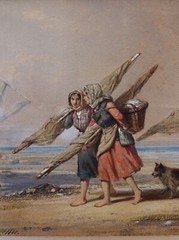 French 19th Century Fisher Women’s LARGE Watercolor by Auguste Delacroix 1860