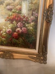 Beautiful European garden scene oil on canvas Framed￼ 27 1/2 “wide￼ 31 1/4 Tall