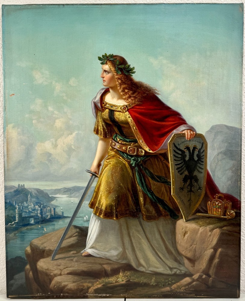 Lorenz Clasen Oil Painting German Woman Warrior Rhine River Coat Of Arms 19th C.