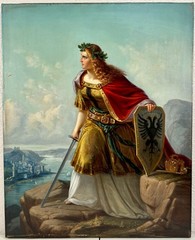 Lorenz Clasen Oil Painting German Woman Warrior Rhine River Coat Of Arms 19th C.