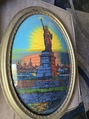 Statue of Liberty Antique USA Art Deco Glass Painting Gold Gesso Gilt Wood Frame