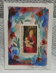 Postal Whimsy OOAK ACEO 5c Christmas Madonna Child Vintage Stamp Art Watercolor