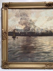 LEOPOLD BERAN INDUSTRIAL PORT SEASCAPE TONALIST MID CENTURY ANTIQUE OIL PAINTING