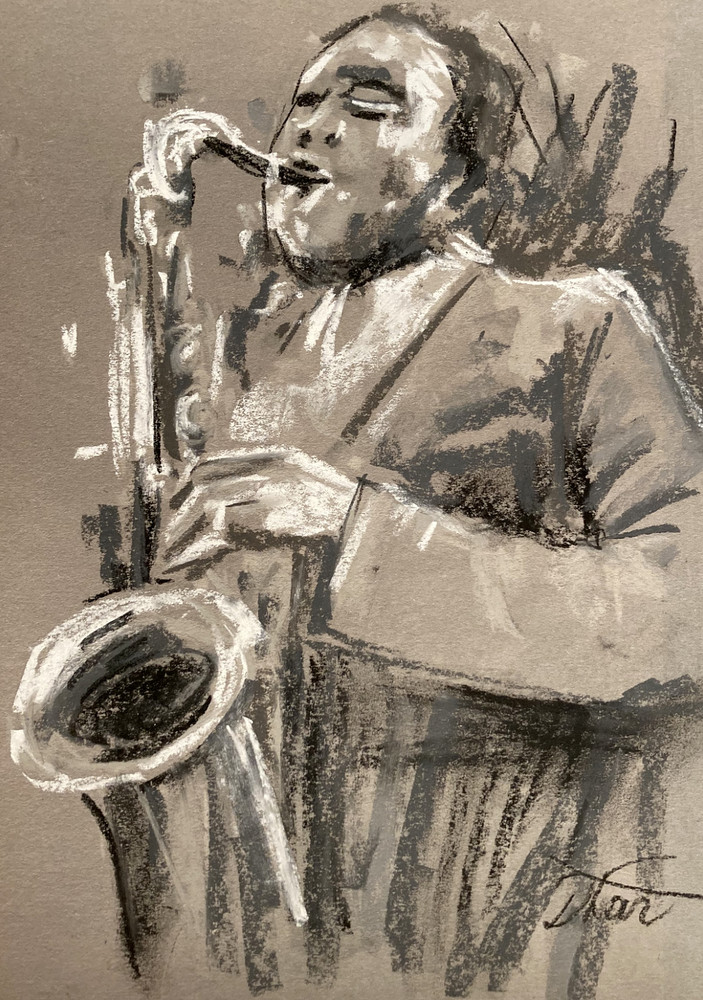 saxophonist musician Impressionism Pastel Painting Drawing Dorothy Laz dr14