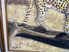Original Oil on Canvas Board Leopard Painting wild Cat Framed 1990