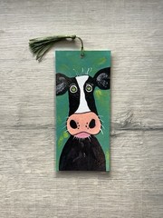 Bookmark Hand Painted Whimsy Cow Laminated Painting By Kenna 9cm X 20cm Tassel