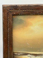 Antique Oil Seascape Painting Signed C. Rownay in Rustic Rope Wood Frame 12.5×10