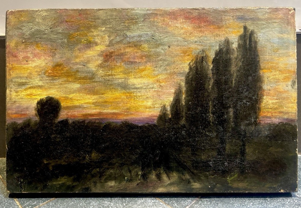 19th c. American School Tonalist Oil Painting Landscape Sunset Poplars Barbizon