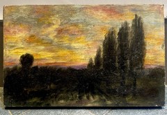 19th c. American School Tonalist Oil Painting Landscape Sunset Poplars Barbizon