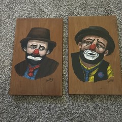 Vintage Emmett Kelly & Otto Griebling Clown Paintings on Wood Sally Signed Pair