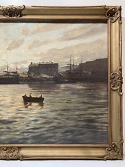 LEOPOLD BERAN INDUSTRIAL PORT SEASCAPE TONALIST MID CENTURY ANTIQUE OIL PAINTING