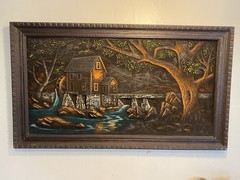 Vtg Spooky Black Velvet 3D Relief Painting Mill Trees Shadows Night Halloween