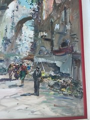 Italy Mid Century Impressionist Painting Village Street Flower Market Scene