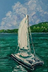 Framed White Sailboat Calm Sea Green Seascape 4×6” Impasto Oil Painting Original