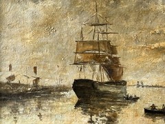 EUGENE BOUDIN – 19th FRENCH HUGE OIL ON CANVAS – SHIPS IN THE PORT OF HONFLEUR