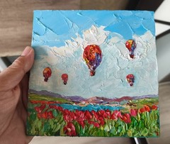 Original Oil Painting on Panel 6x6in Hot Air Colorful Balloons Impasto Artwork