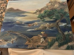 Antique Asian Oil Painting Chinese Japanese 1950 Man Fishing Landscape Folk Art