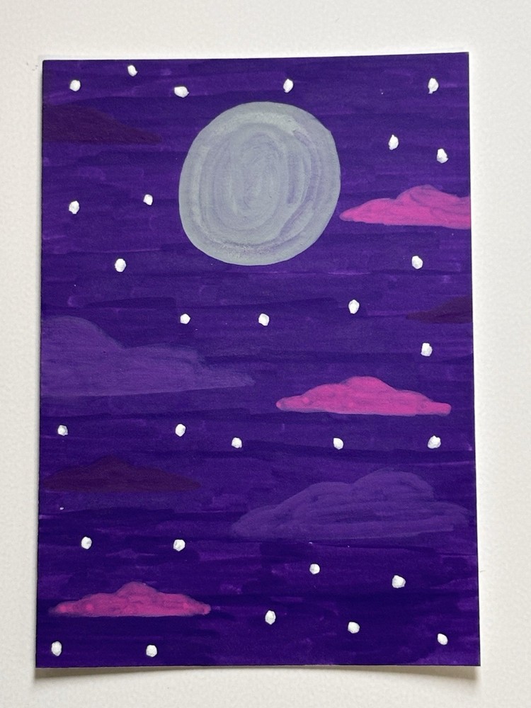 ACEO Watercolor Paper Acrylic Painting Original Mini ATC Title Full Moon Night