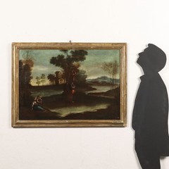 Ancient Painting ‚700 Landscape with Figures Oil on Canvas Style Frame