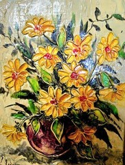 vintage oil painting featuring a bouquet of yellow flowers pinkish-purple vase.