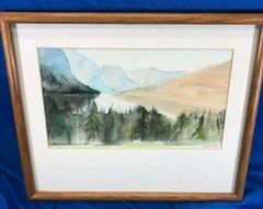 Original framed/matted watercolor mountain/forest scene, Aaron Jones, 16″x13.25″