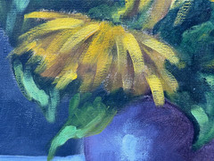 STILL LIFE OIL PAINTING PAUL A. ILLEGIBLE SUNFLOWERS FRUITS WINE GLASS 20TH C.