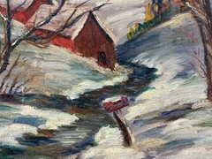 American mid 20th C, L. Bannerman, Vintage Oil Painting, Winter Rural Landscape