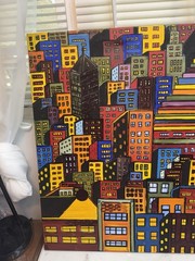 Original Abstract Cityscape Painting Colorful Geometric Buildings Signed CA
