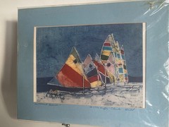 Vtg 1990 Muffy Clark Hill Sailboat Beach Signed Print Funky Flamingo Studio