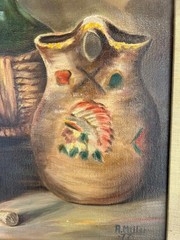 Original Alice Miller Oil Painting Still Life Whiskey Jug Crock & Indian Pottery