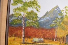 Vintage Art Painting Original Barn Wagon Fall Color Poplar Mountains Joshua Tree