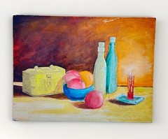 Original Still Life Painting Candle Fruit Bottles Canvas Board 12×16