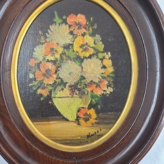 Vtg Original Oil Painting Floral Still Life Oval Deep Wood Frame 12×14 Moody