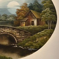 Vintage Oil Painting Nathan Winters Large 31 x 27 Vignette Rustic Night Bridge