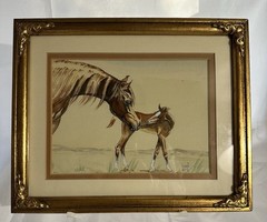 1987 Signed Linda Sale Watercolor Painting Mare & Foal Framed Esquestrian Art