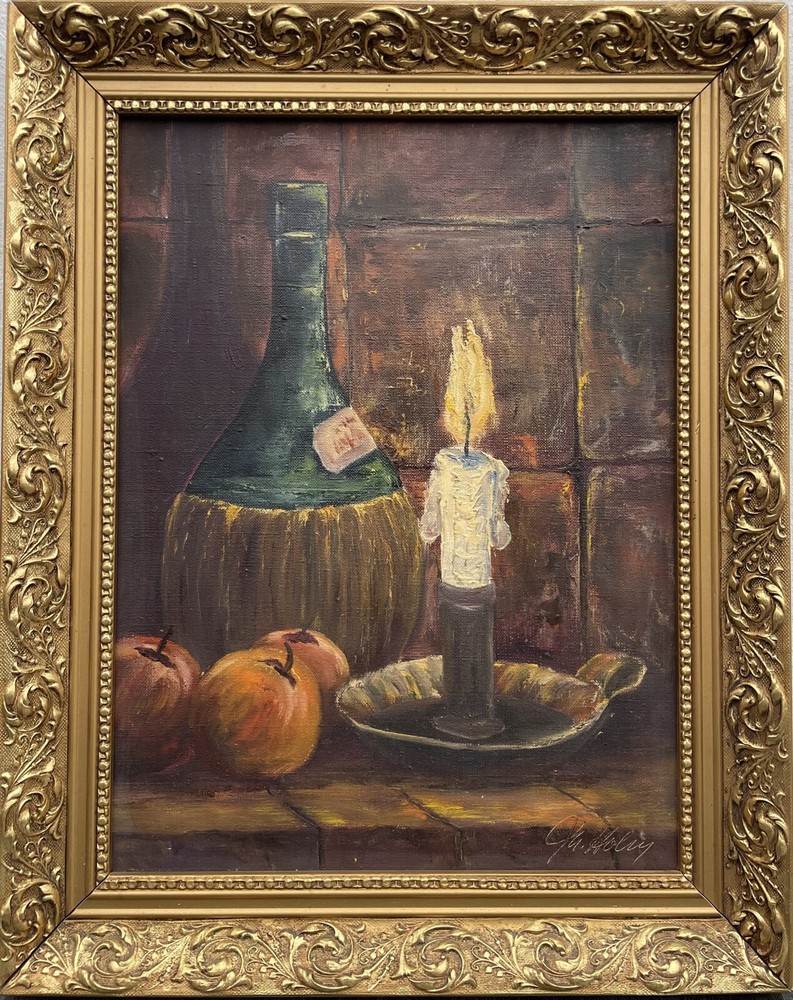 Still Life With Candelabrum, Wine, And Apples, Oil Painting Signed Holm 49X39Cm