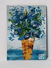 ACEO Original Painting Blue Flowers 3.5 x 2.5 Inch AMBER K – Mothers Day