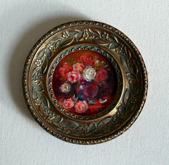Original Oil Painting “Bouquet of Roses” – Miniature Art in Handmade Round Frame