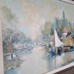 J. Rolands Signed 1950s 44×32″ Original Oil on Canvas Painting Dutch Canal Boats