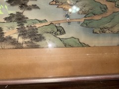 Asian Landscape Painting on Silk with Gold Wooden Frame Vintage