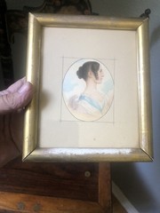 Pair Antique 19C Miniature Watercolor Lady & Gentleman Portraits Gilt Frames