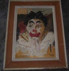 VINTAGE MID CENTURY MODERN SAD CLOWN PORTRAIT OIL PAINTING OLD CIRCUS ART