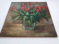 Original oil painting on canvas Bouquet of Red Roses 20×20 cm, Flowers painting