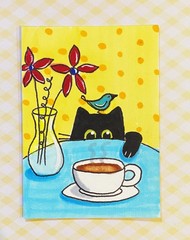 Original OOAK ACEO ART Black Cat Kitten with Hot Latte N Woolmer ❤️